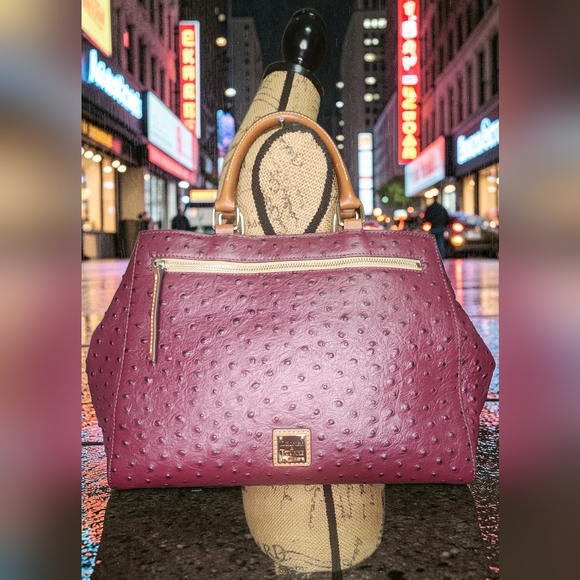 Dooney & Bourke Burgundy Ostrich Zip Satchel With Tan Handles - Picture 9 of 16